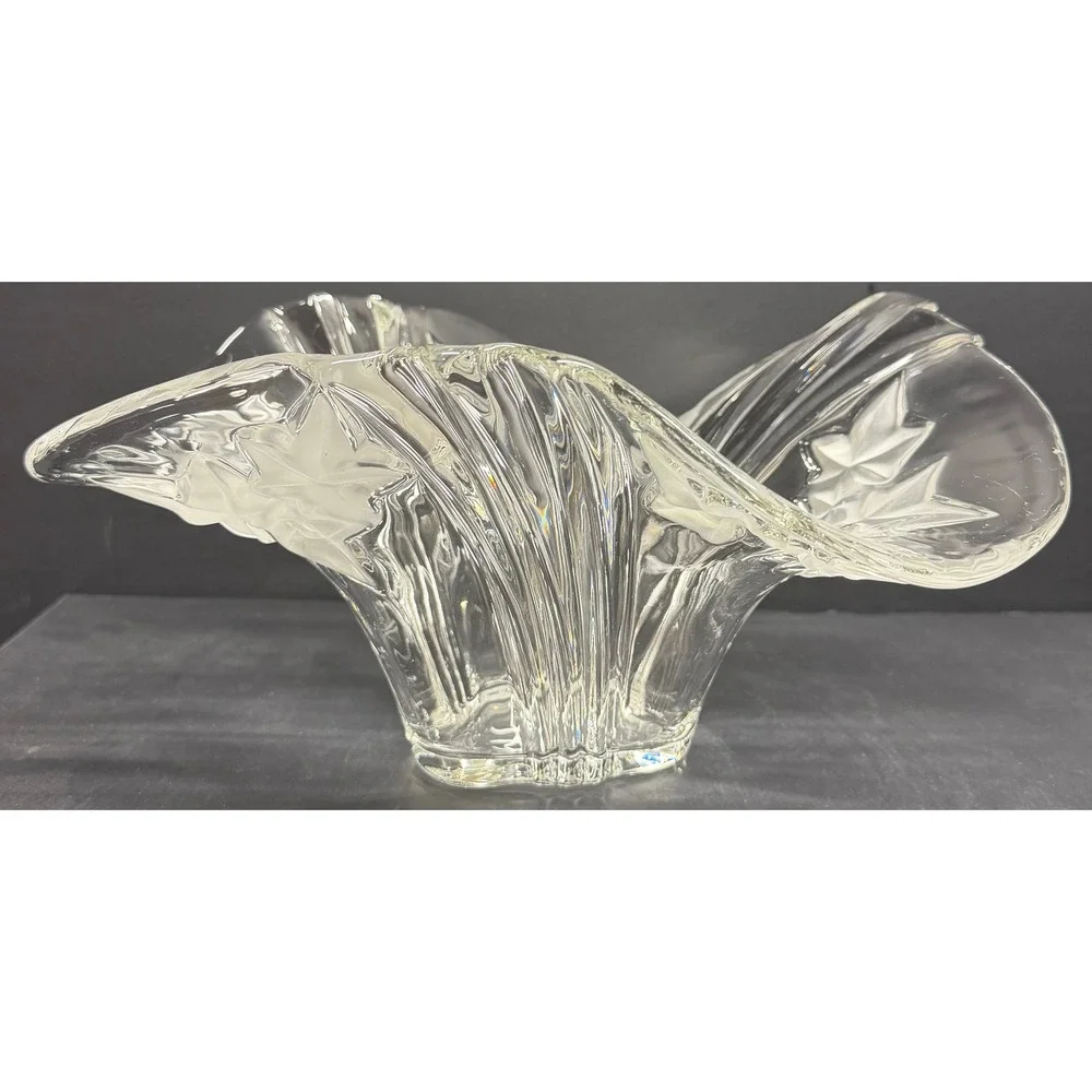Vintage Crystal Fan Vase Frosted Ivy Leaf Flared Ribbed Art Deco Style Centerpc